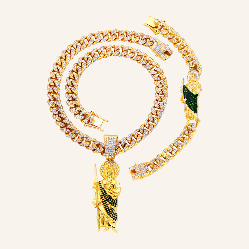 San Judas Tadeo Green Robe Set – Iced Figure Pendant, CZ Cuban Chain & Bracelet – 2