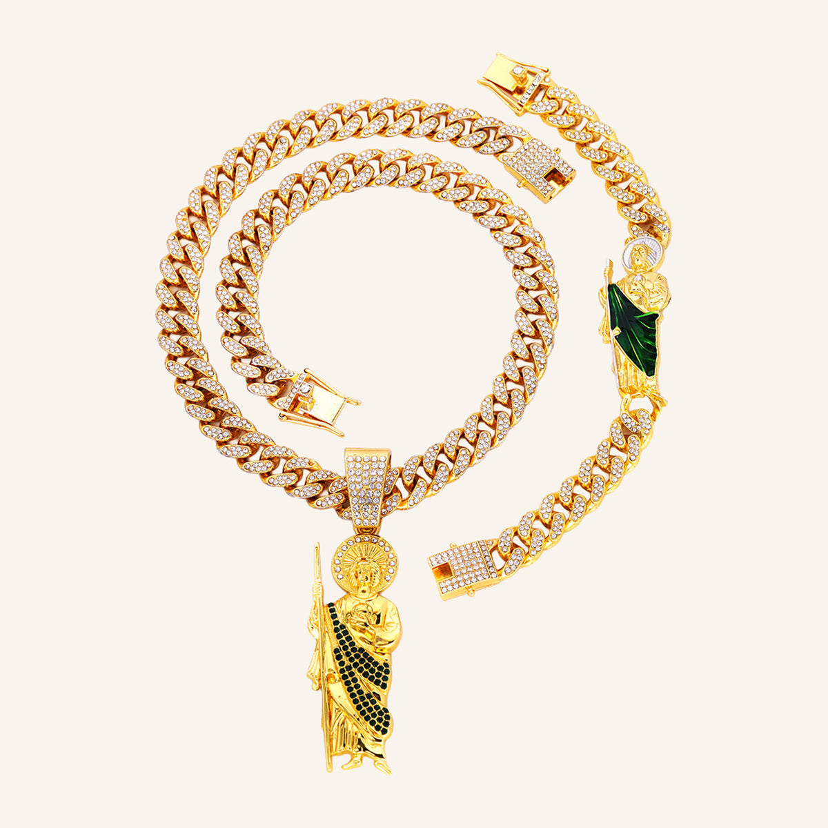 San Judas Tadeo Green Robe Set – Iced Figure Pendant, CZ Cuban Chain & Bracelet – 2