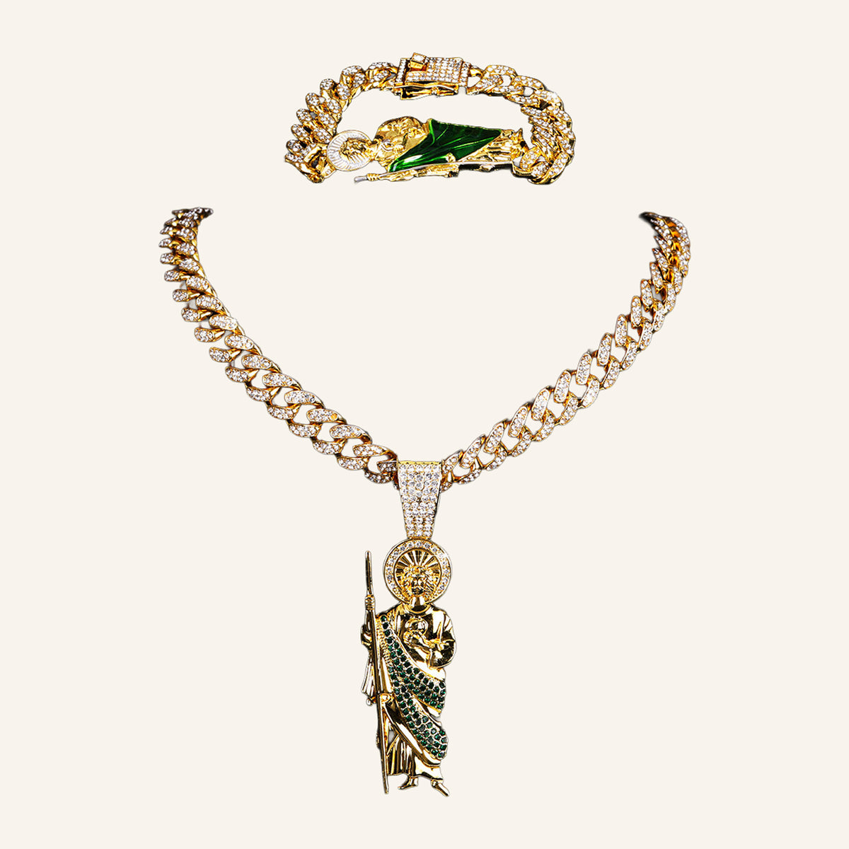 San Judas Tadeo Green Robe Set – Iced Figure Pendant, CZ Cuban Chain & Bracelet