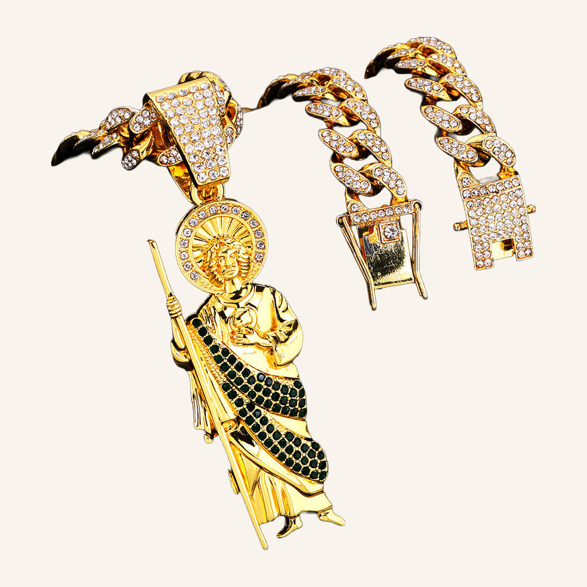 San Judas Tadeo Green Robe Set – Iced Figure Pendant, CZ Cuban Chain & Bracelet – 3