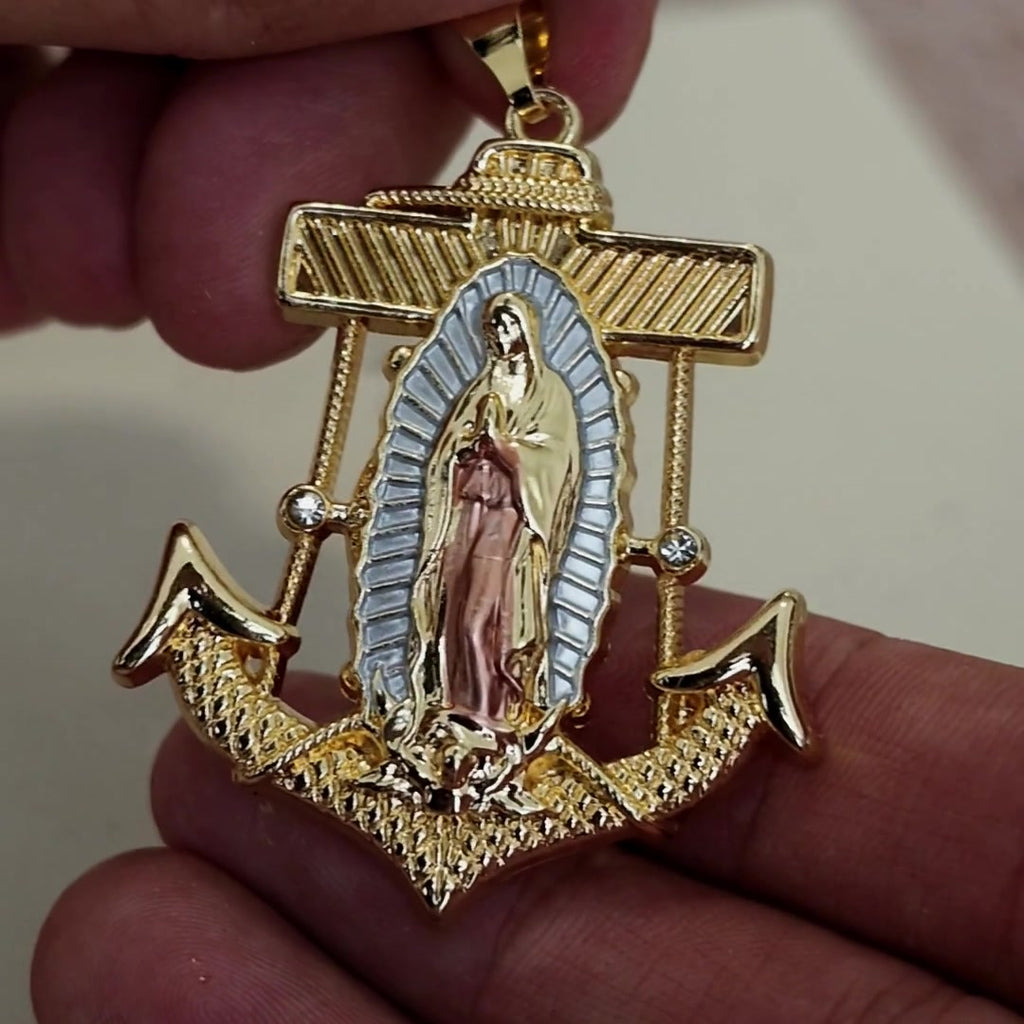 Virgen de Guadalupe anchor pendant in hand, tri-tone