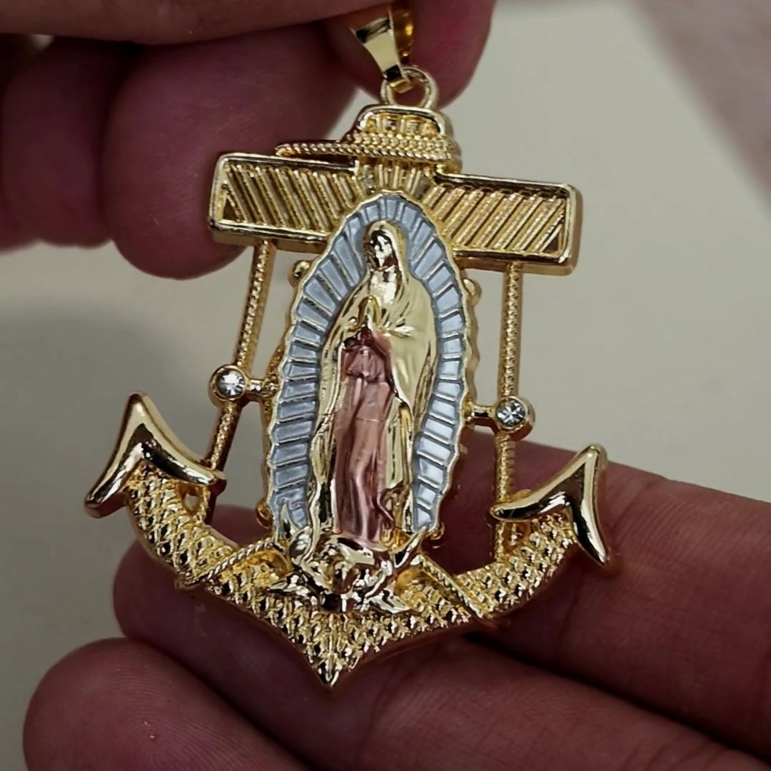 Virgen de Guadalupe anchor pendant in hand, tri-tone