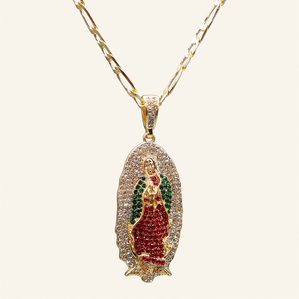 Virgen de Guadalupe iced pendant with pink and green stones on figaro chain, front view