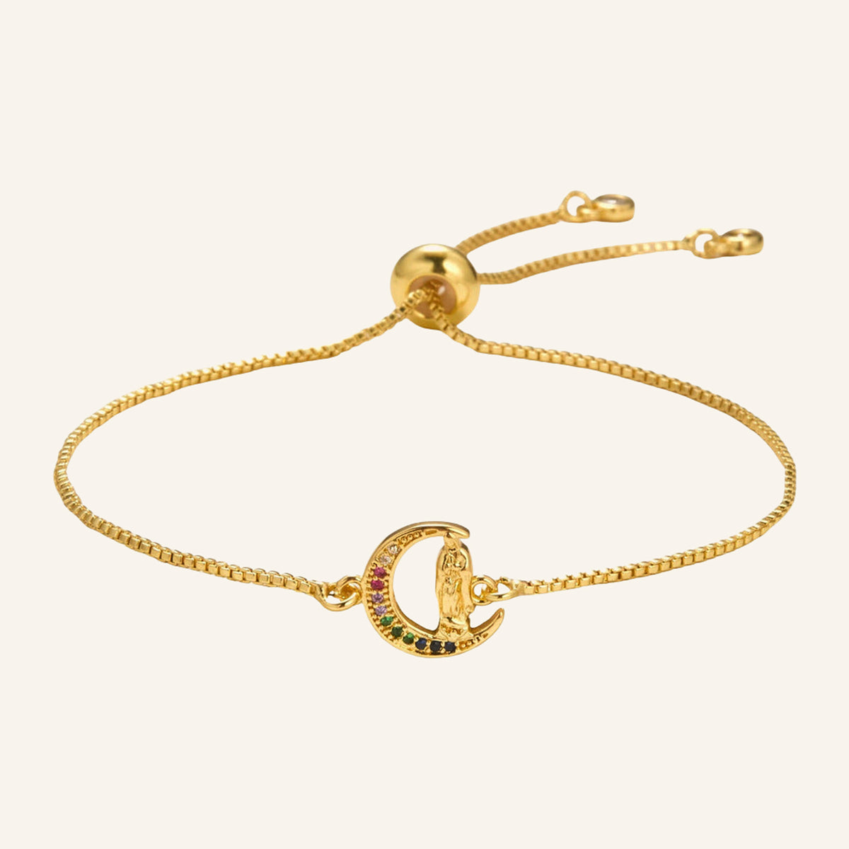 Virgen de Guadalupe Crescent Moon Bracelet – Colored Stones, Adjustable