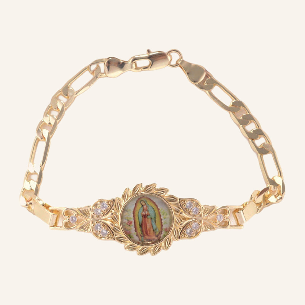 Virgen de Guadalupe Figaro Bracelet – Full Color Oval, CZ Frame