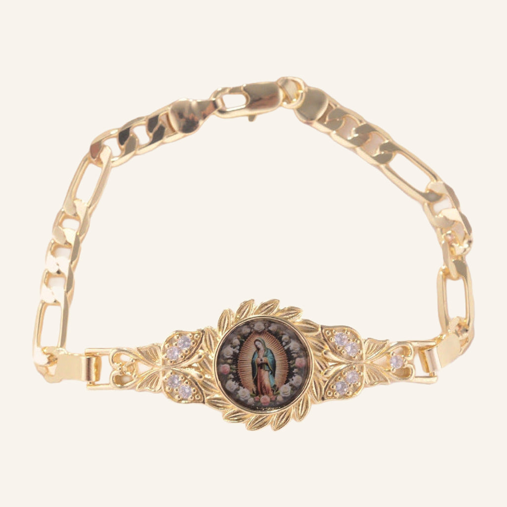 Virgen de Guadalupe Figaro Bracelet – Full Color Oval, CZ Frame – 2