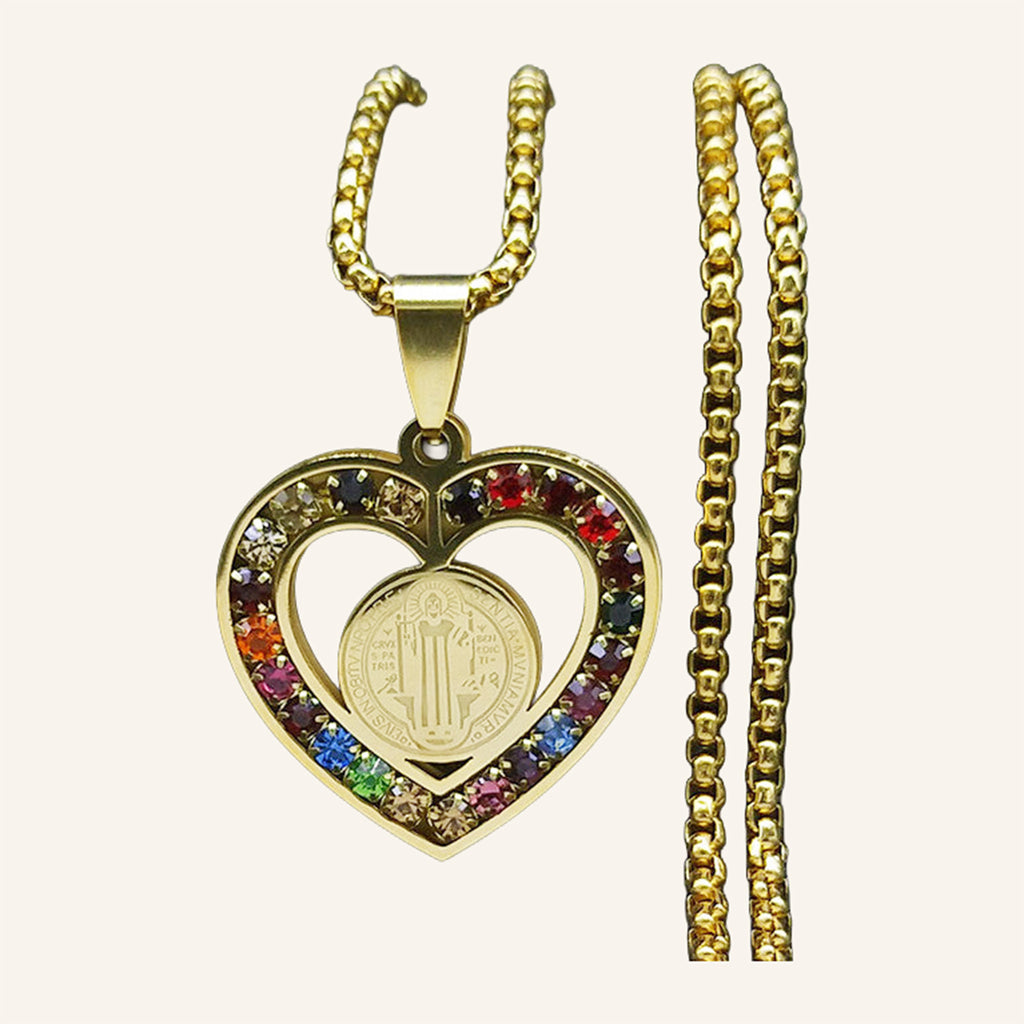Virgen de Guadalupe Heart Necklace – Multicolor CZ Frame, Box Chain