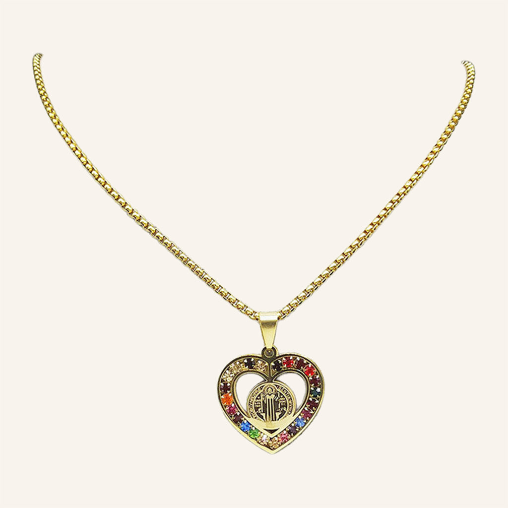 Virgen de Guadalupe Heart Necklace – Multicolor CZ Frame, Box Chain – 3