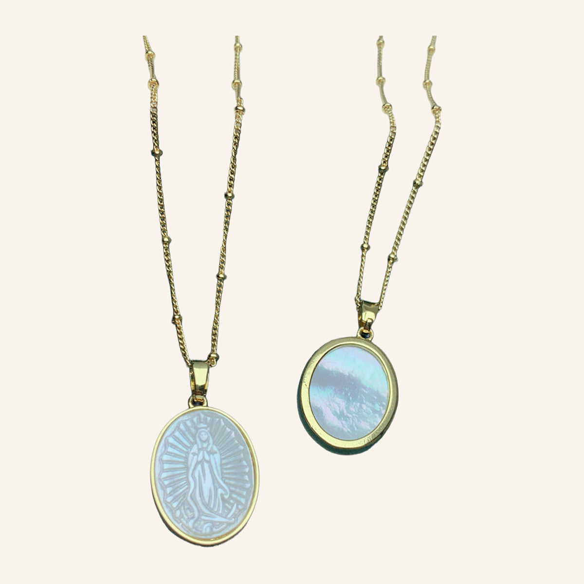 Virgen de Guadalupe Pearl Relief Necklace – Gold Rim, Beaded Chain – 4
