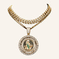 San Judas Tadeo Halo Medal Necklace – Green Robe, CZ Bail, Cuban Chain