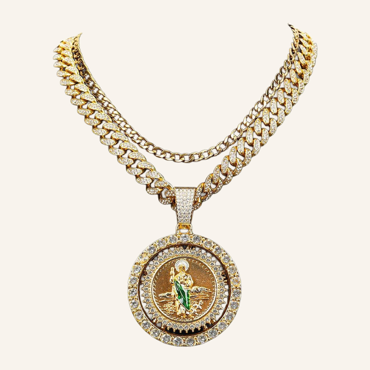 San Judas Tadeo Halo Medal Necklace – Green Robe, CZ Bail, Cuban Chain – 3