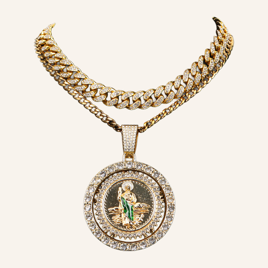 San Judas Tadeo Large Medal Necklace – Green Robe, Double CZ Ring – 2