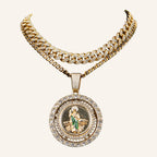 San Judas Tadeo Large Medal Necklace – Green Robe, Double CZ Ring – 2