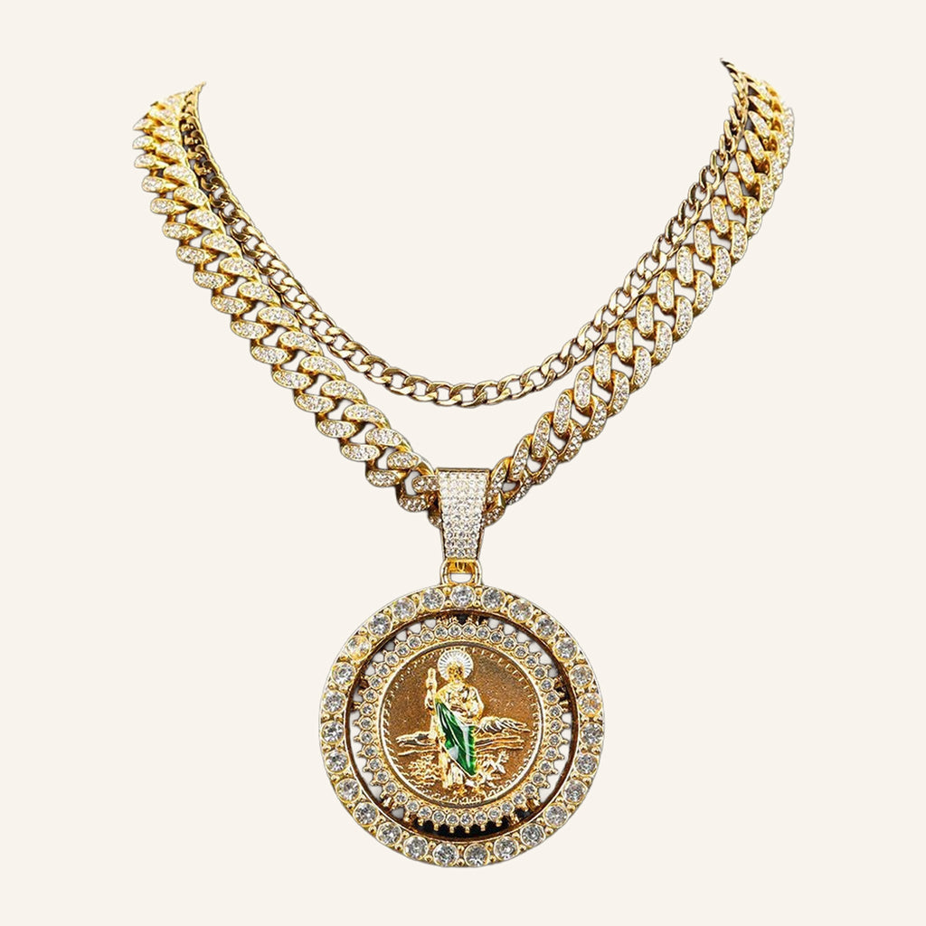 San Judas Tadeo Large Medal Necklace – Green Robe, Double CZ Ring – 3