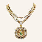 San Judas Tadeo Large Medal Necklace – Green Robe, Double CZ Ring – 3