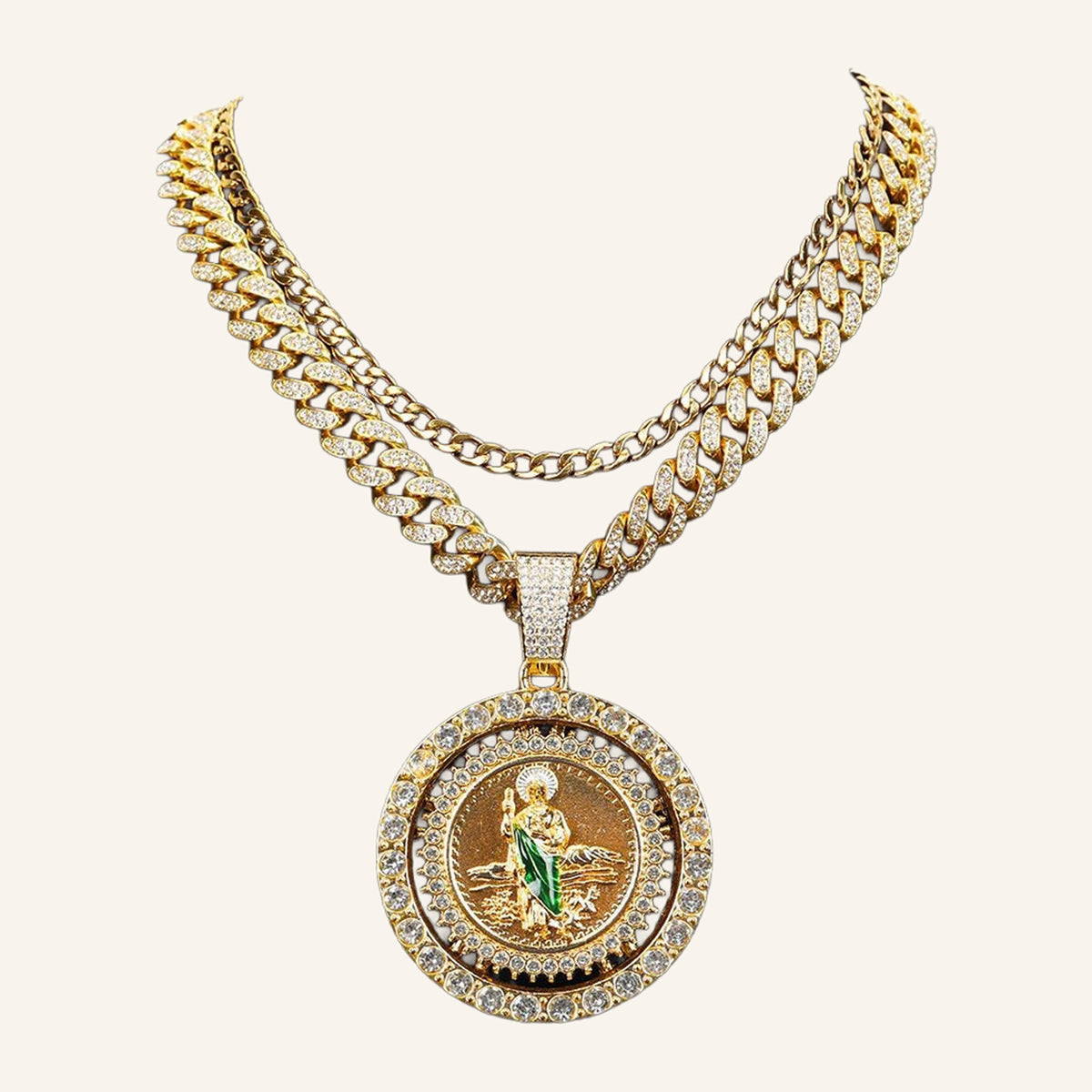 San Judas Tadeo Large Medal Necklace – Green Robe, Double CZ Ring – 3