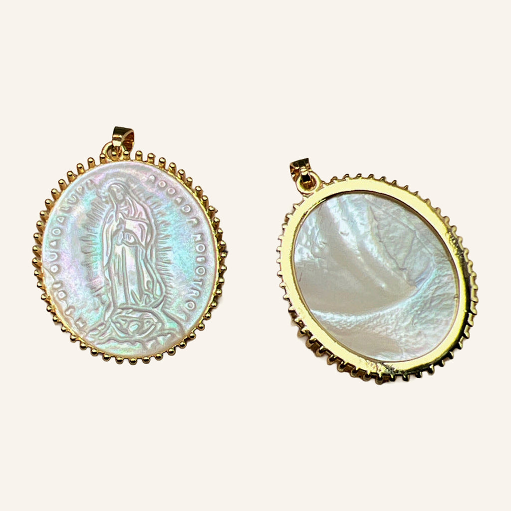 Virgen de Guadalupe Large Pearly Pendant – Engraved Oval, Beaded Rim – 3