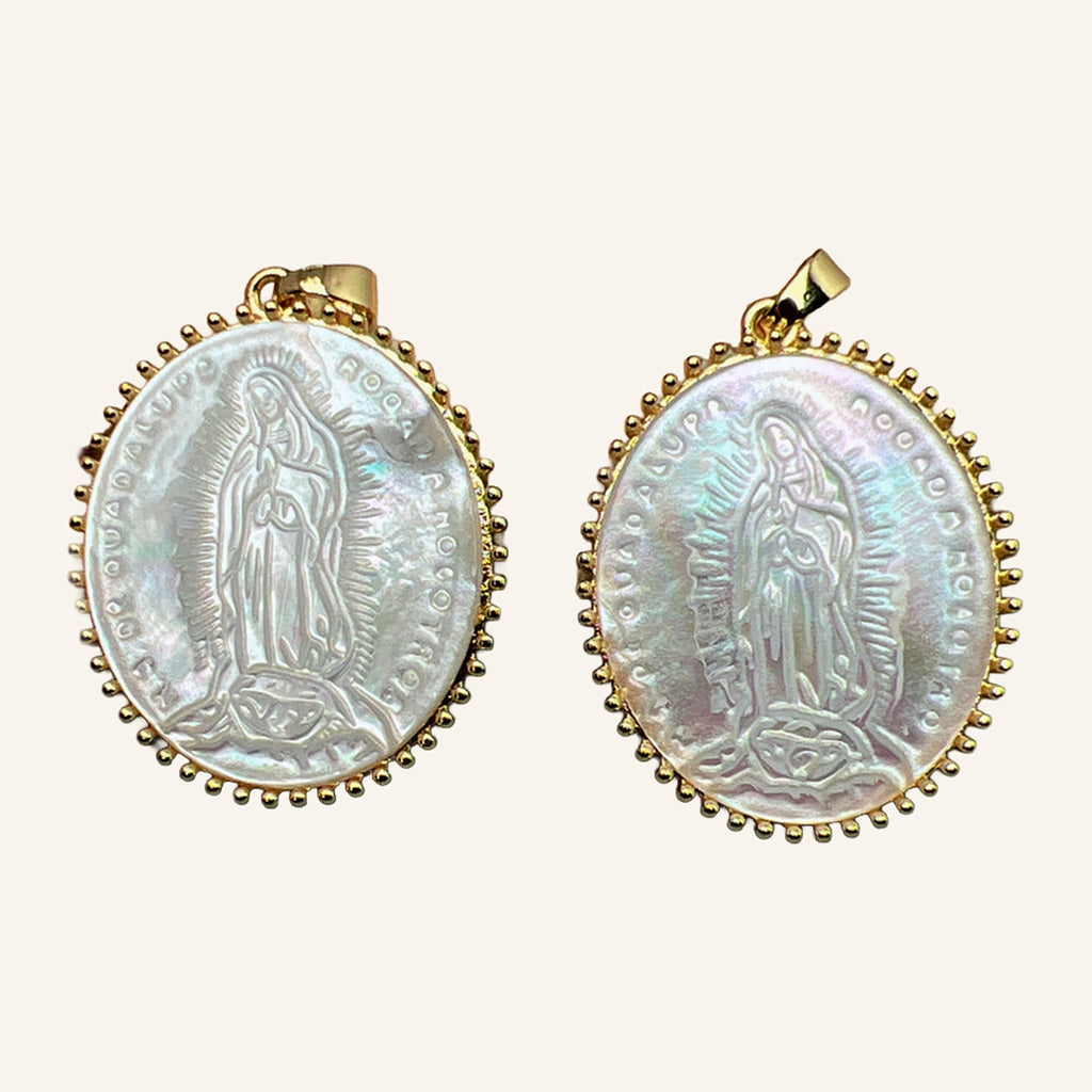Virgen de Guadalupe Large Pearly Pendant – Engraved Oval, Beaded Rim – 4