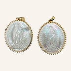 Virgen de Guadalupe Large Pearly Pendant – Engraved Oval, Beaded Rim – 4