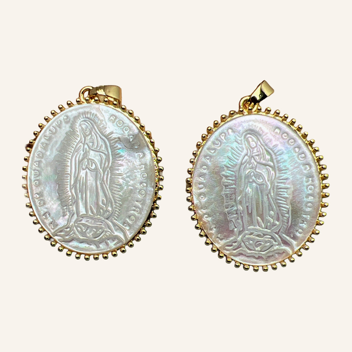 Virgen de Guadalupe Large Pearly Pendant – Engraved Oval, Beaded Rim – 4