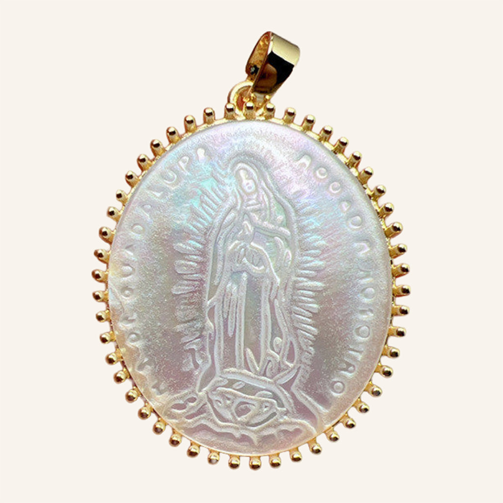 Virgen de Guadalupe Large Pearly Pendant – Engraved Oval, Beaded Rim