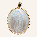 Virgen de Guadalupe Large Pearly Pendant – Engraved Oval, Beaded Rim