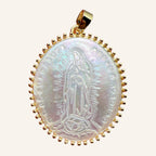 Virgen de Guadalupe Large Pearly Pendant – Engraved Oval, Beaded Rim