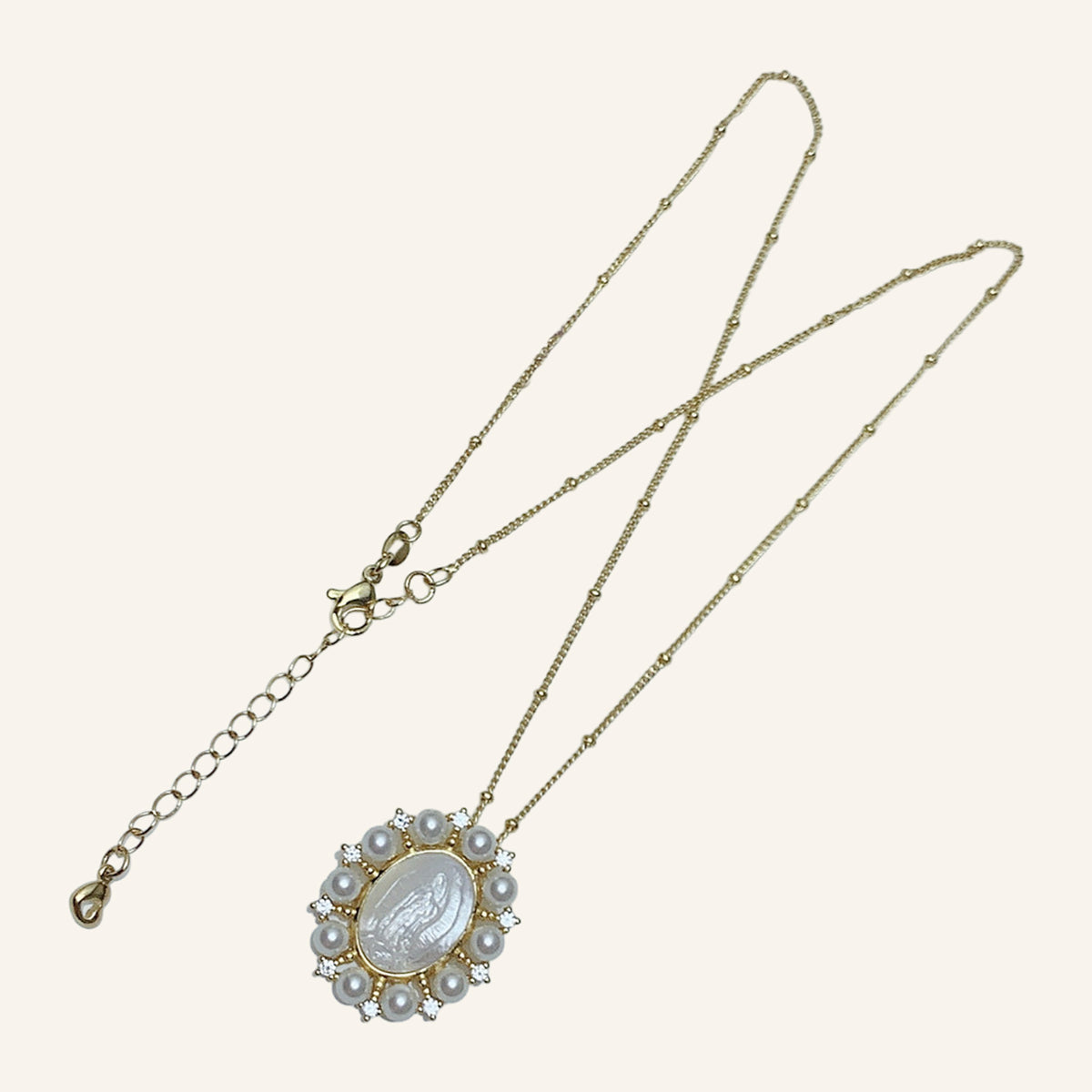 Virgen María Pearl Frame Necklace – Faux Pearls & CZ, Beaded Chain – 3