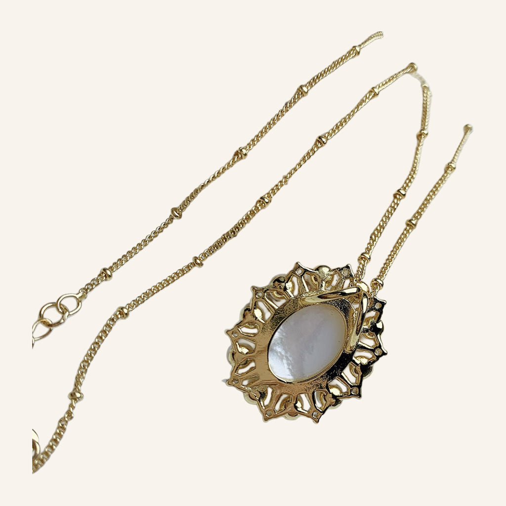 Virgen María Pearl Frame Necklace – Faux Pearls & CZ, Beaded Chain – 4