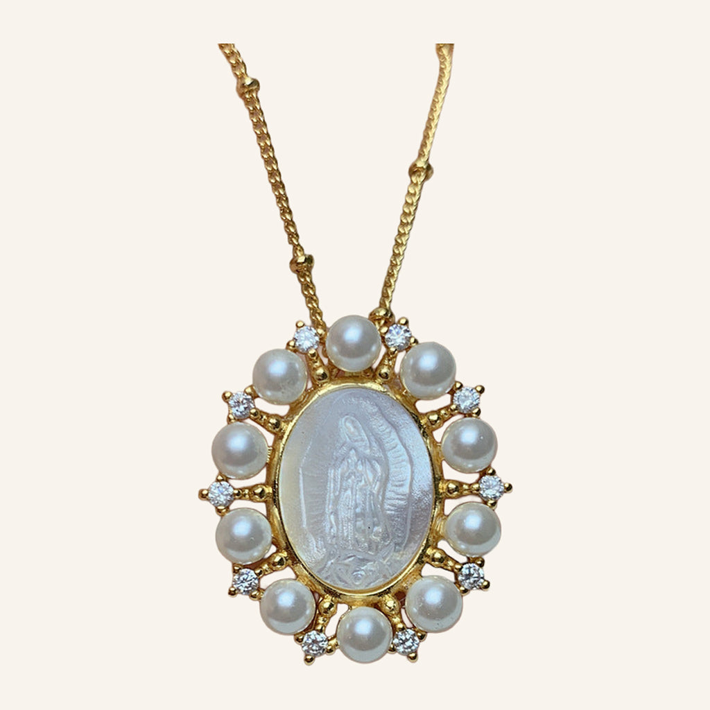 Virgen María Pearl Frame Necklace – Faux Pearls & CZ, Beaded Chain – 2