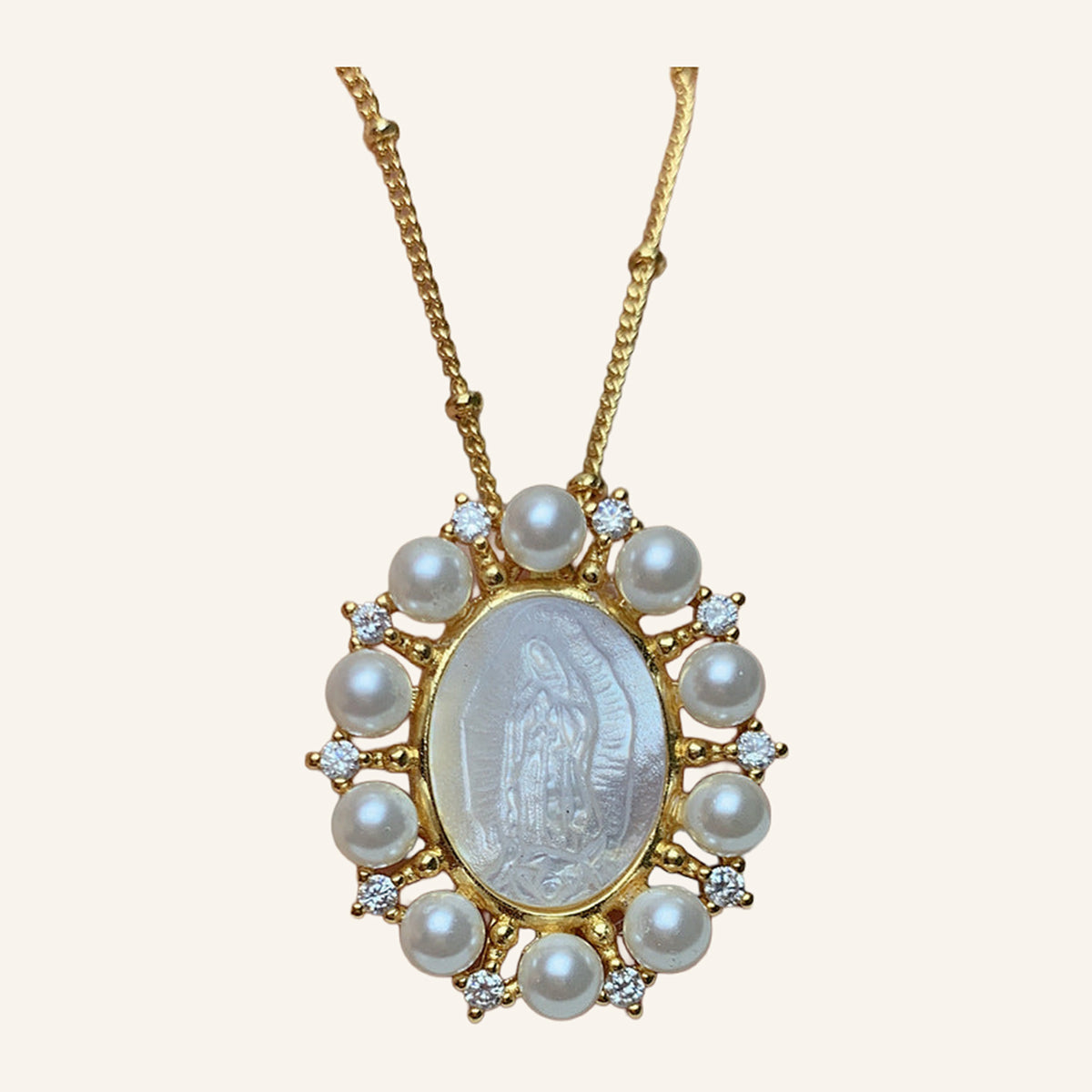 Virgen María Pearl Frame Necklace – Faux Pearls & CZ, Beaded Chain – 2
