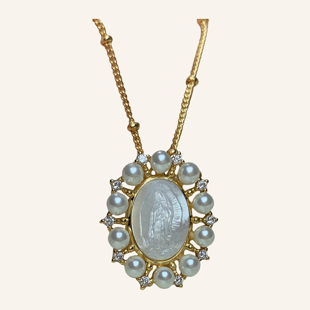 Virgen María Pearl Frame Necklace – Faux Pearls & CZ, Beaded Chain