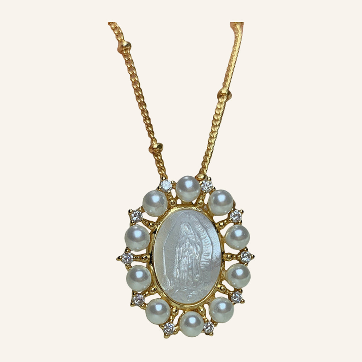 Virgen María Pearl Frame Necklace – Faux Pearls & CZ, Beaded Chain