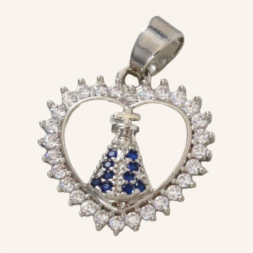 Virgen María Heart Pendant – CZ Outline, Gold Tone – 3