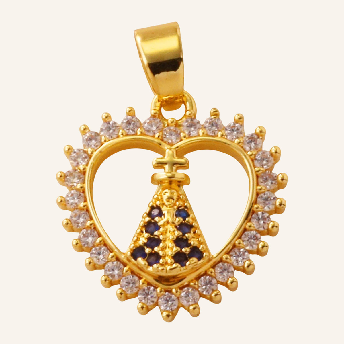 Virgen María Heart Pendant – CZ Outline, Gold Tone