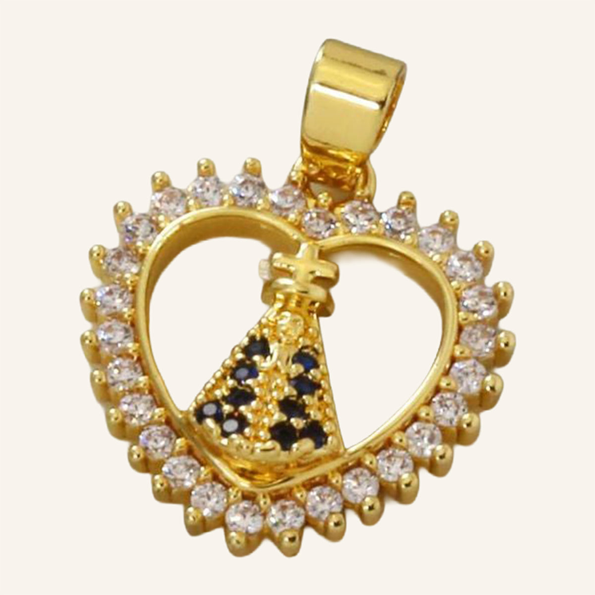 Virgen María Heart Pendant – CZ Outline, Gold Tone – 2