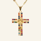 Collar crucifijo de San Benito con piedras multicolor, vista frontal