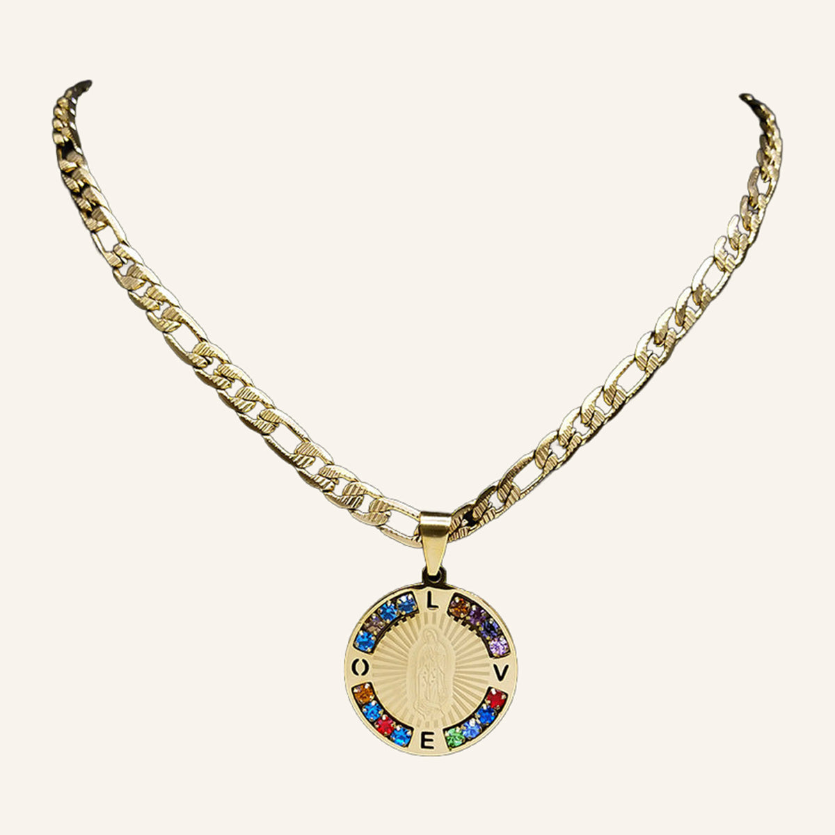 Virgen de Guadalupe Multicolor Medal Necklace – Bold Figaro Chain