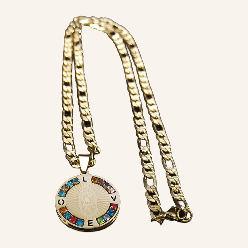 Virgen de Guadalupe Multicolor Medal Necklace – Bold Figaro Chain – 3