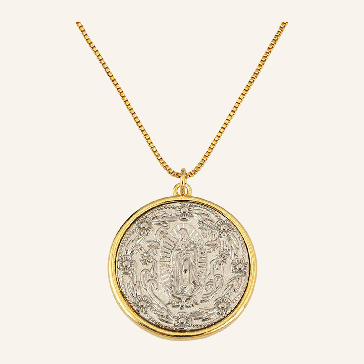 Two-Tone Devotional Medal Necklace – Silver Center, Gold Rim, Box Chain