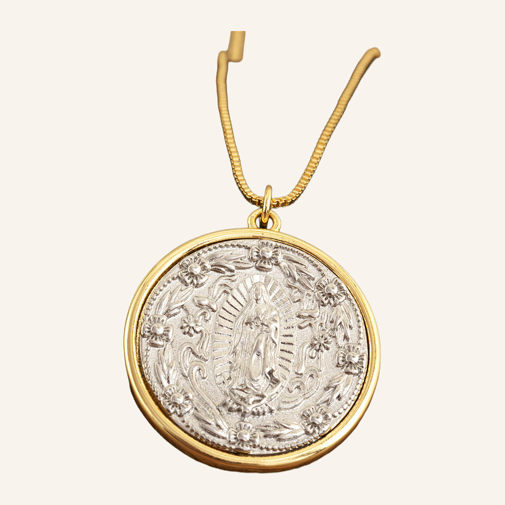 Two-Tone Devotional Medal Necklace – Silver Center, Gold Rim, Box Chain – 2