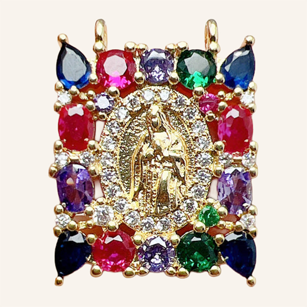 Virgen de Guadalupe Jewel-Tone Pendant – Multicolor CZ, Rectangular