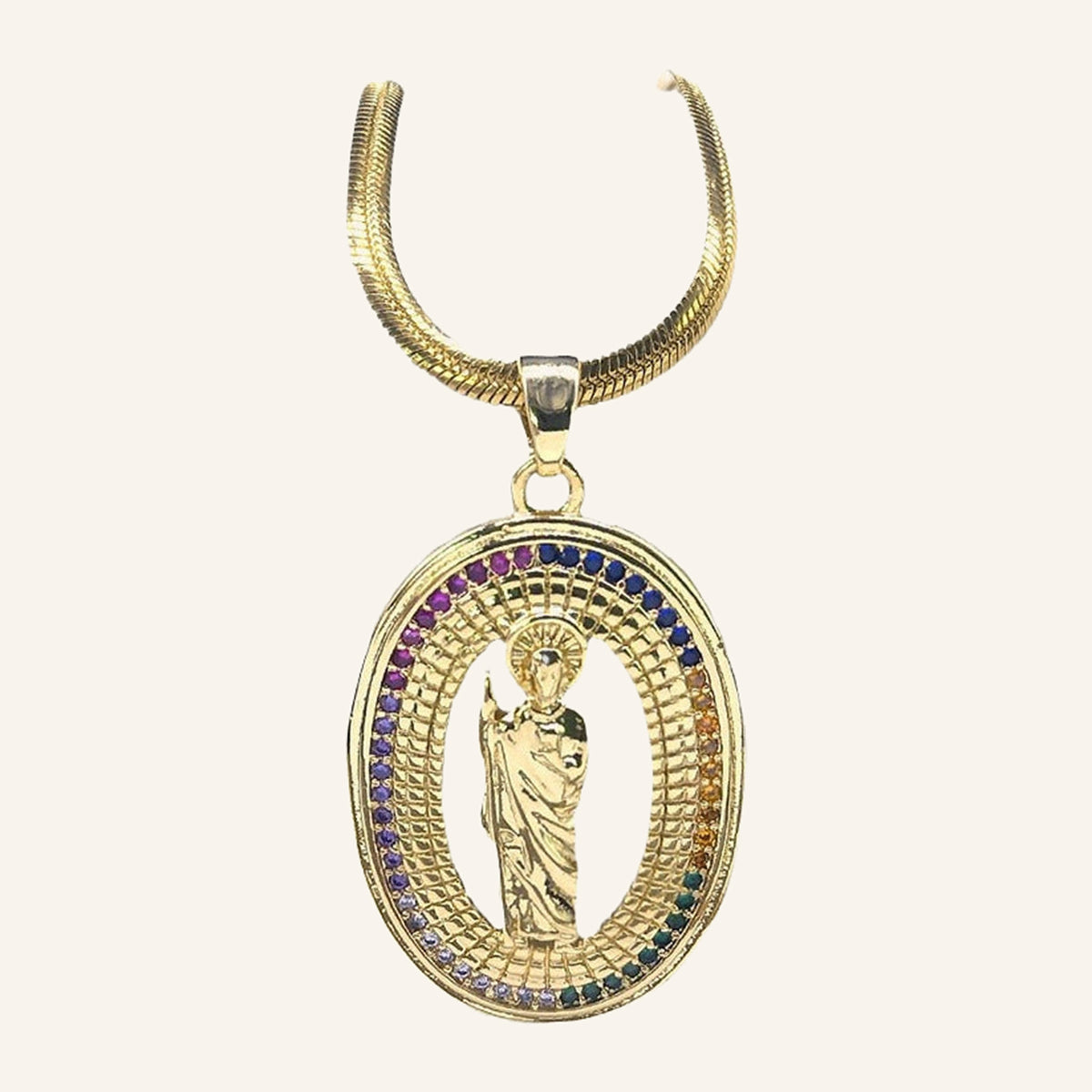 San Judas Tadeo Oval Frame Necklace – Rainbow CZ, Snake Chain – 2