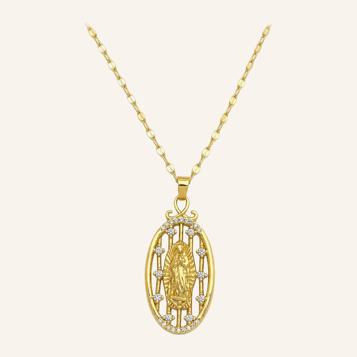 Virgen de Guadalupe Slim Oval Necklace – Openwork Frame, CZ Edge