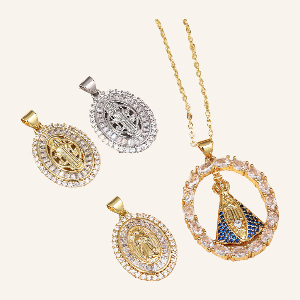 Virgen de Guadalupe Oval Halo Necklace – CZ Halo, Gold Tone – 2