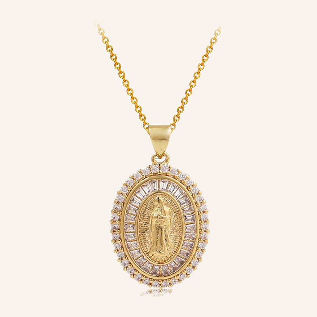 Virgen de Guadalupe Oval Halo Necklace – CZ Halo, Gold Tone