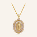 Virgen de Guadalupe Oval Halo Necklace – CZ Halo, Gold Tone