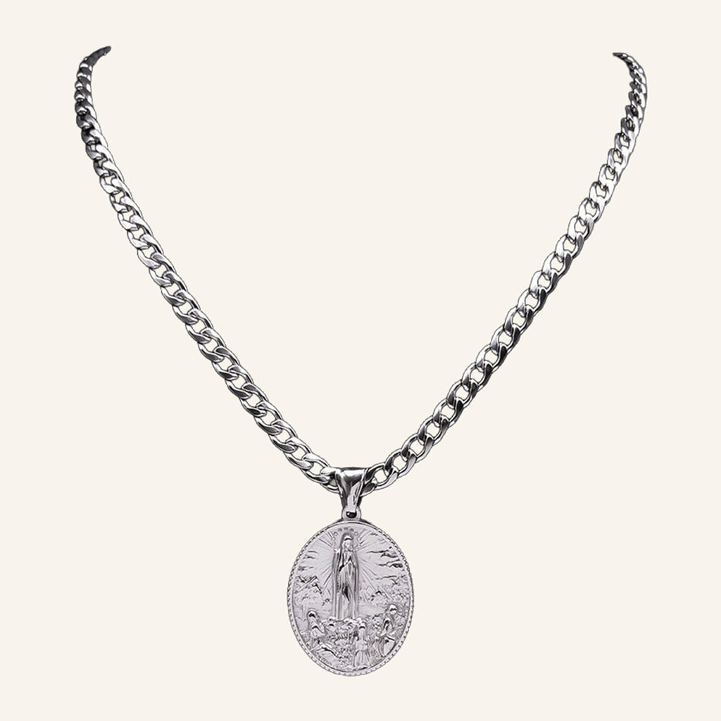 Virgen María Oval Medal Necklace – Curb Chain, Gold Tone Steel