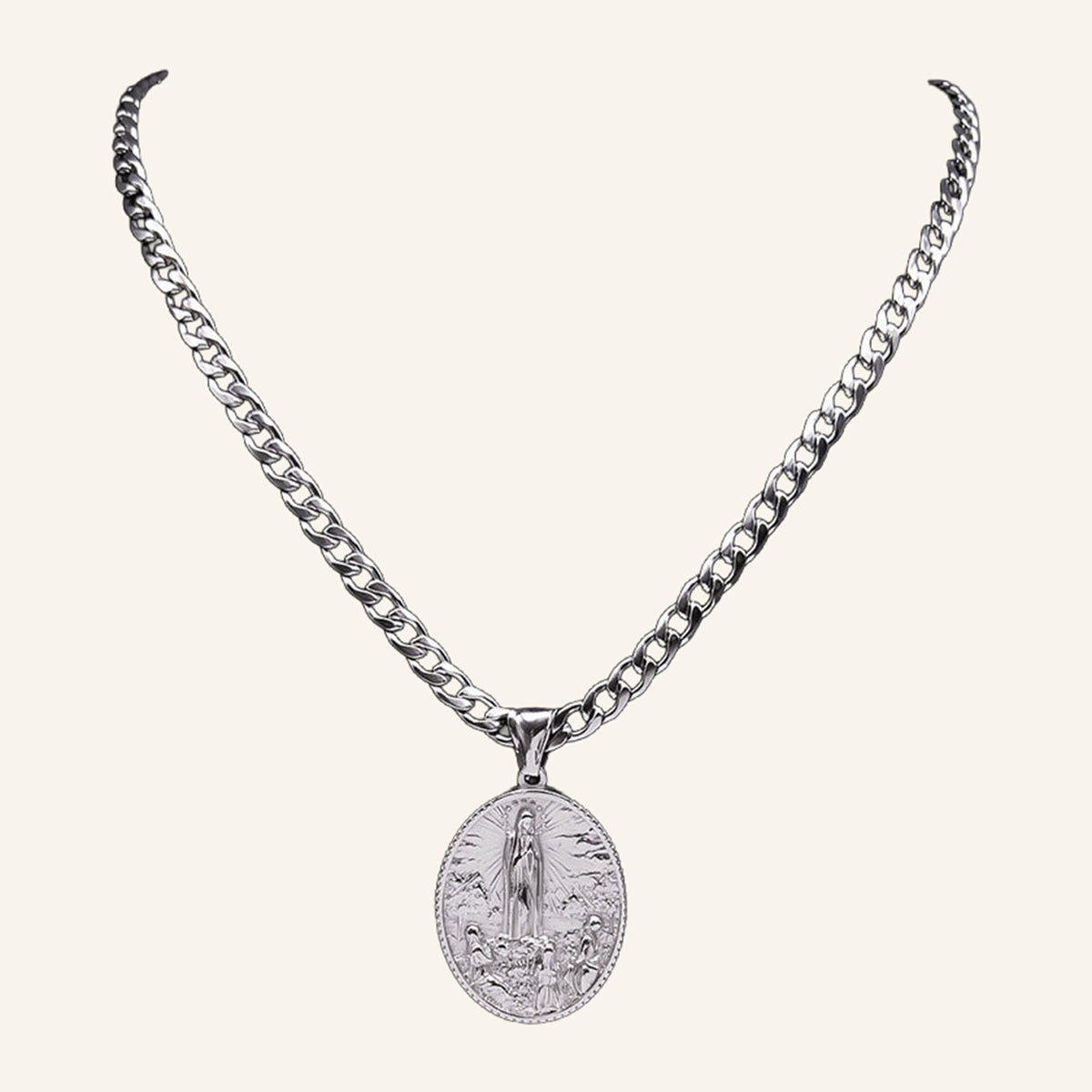 Virgen María Oval Medal Necklace – Curb Chain, Gold Tone Steel