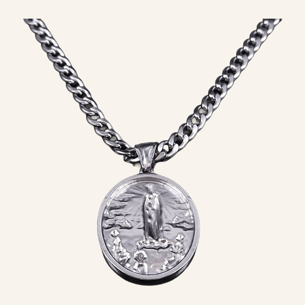 Virgen María Oval Medal Necklace – Curb Chain, Gold Tone Steel – 2